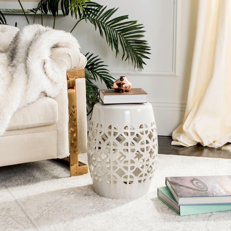 SAFAVIEH Paradise Sevdalija Tranquility White Ceramic Decorative Garden Stool - Cream