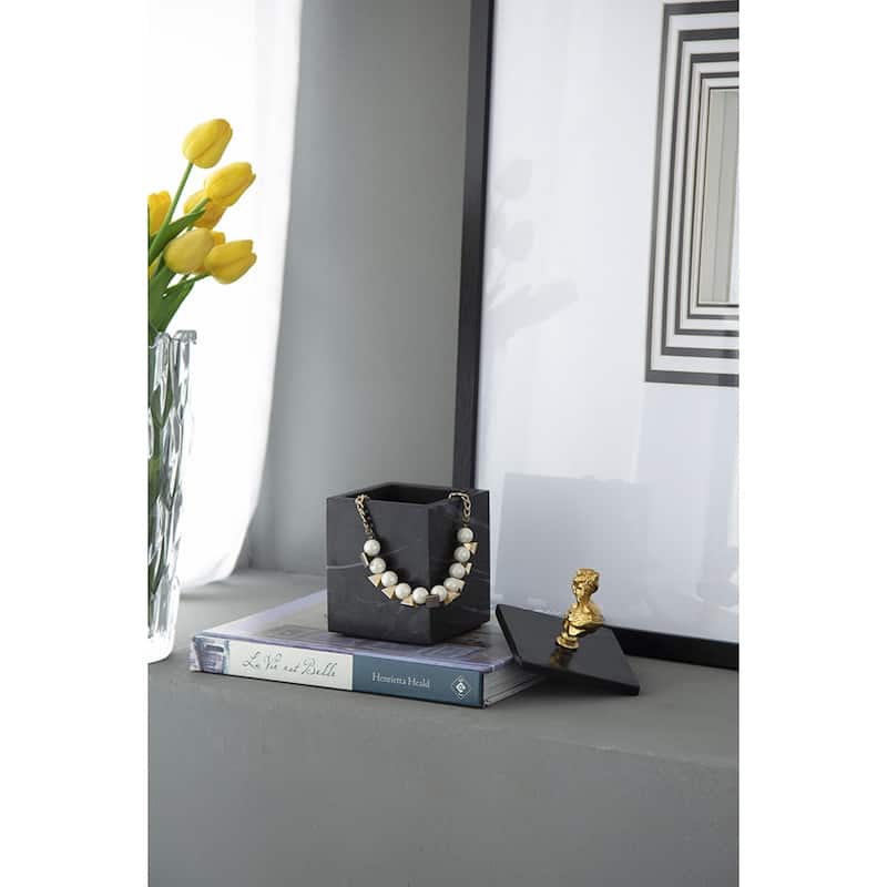 Marble Box with Lid - 8" - Black and Gold