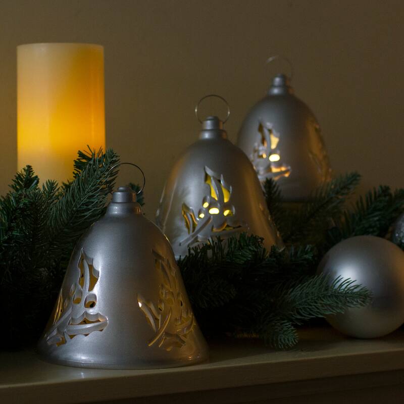Set of 3 Musical Lighted Silver Bells Christmas Decorations 6.5"