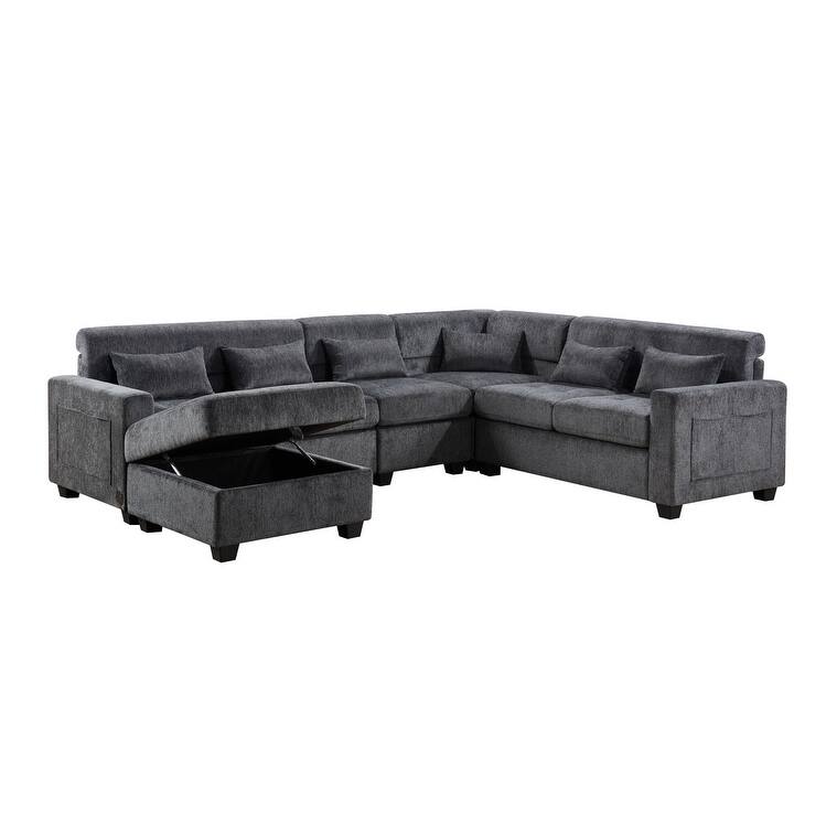 Trey 115"W Gray Chenille Sectional with Adjustable Backrest, Charging Ports, Pockets, Tufting, Storage Ottoman, Throw Pillows