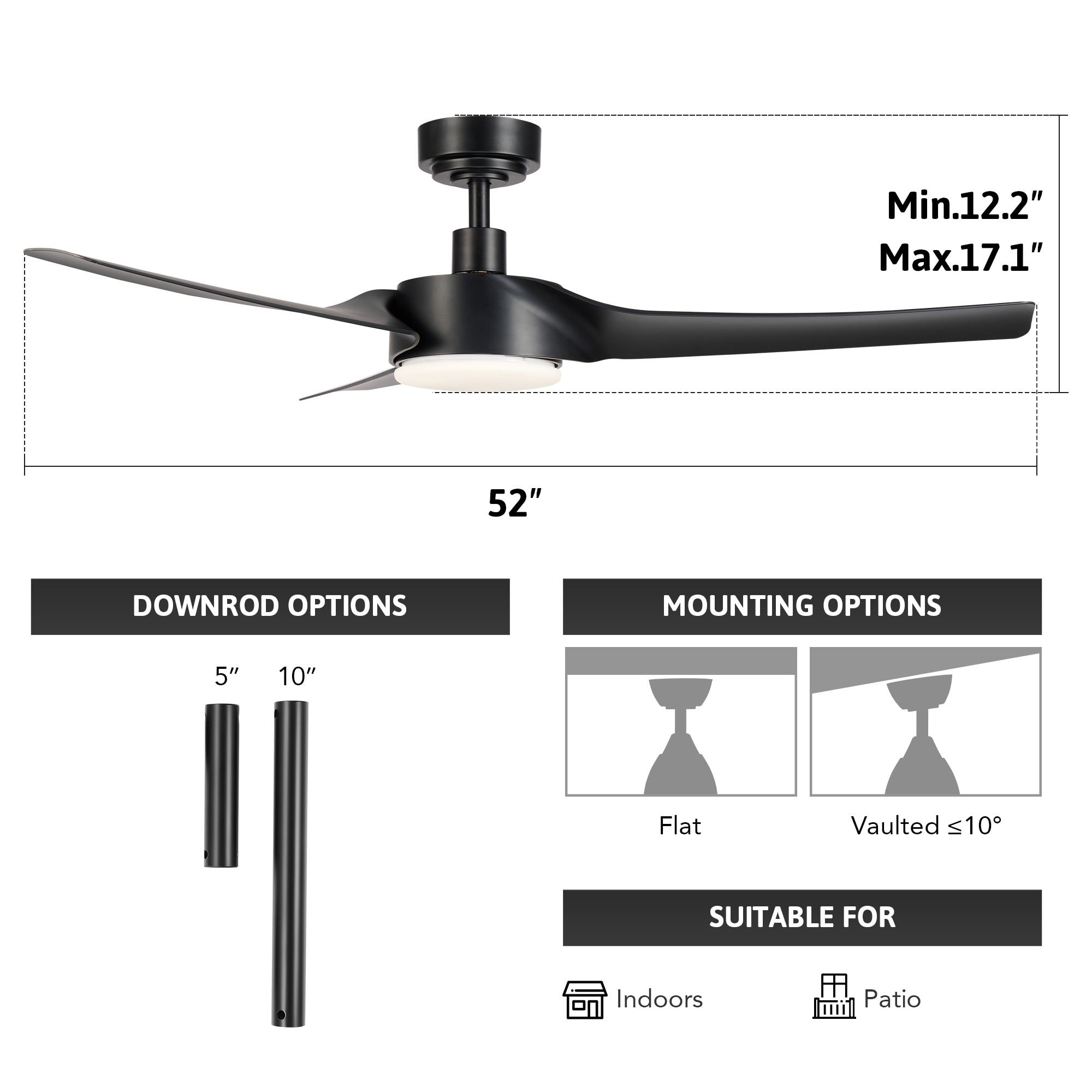 CO-Z 52" 3 Blade Modern LED Smart Ceiling Fan with Dimmable Light and Remote