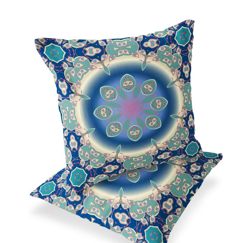 HomeRoots Set of Two 16" X 16" Blue and Green Blown Seam Floral Indoor Outdoor Throw Pillow - 16.00' X '16.00' X '5.00
