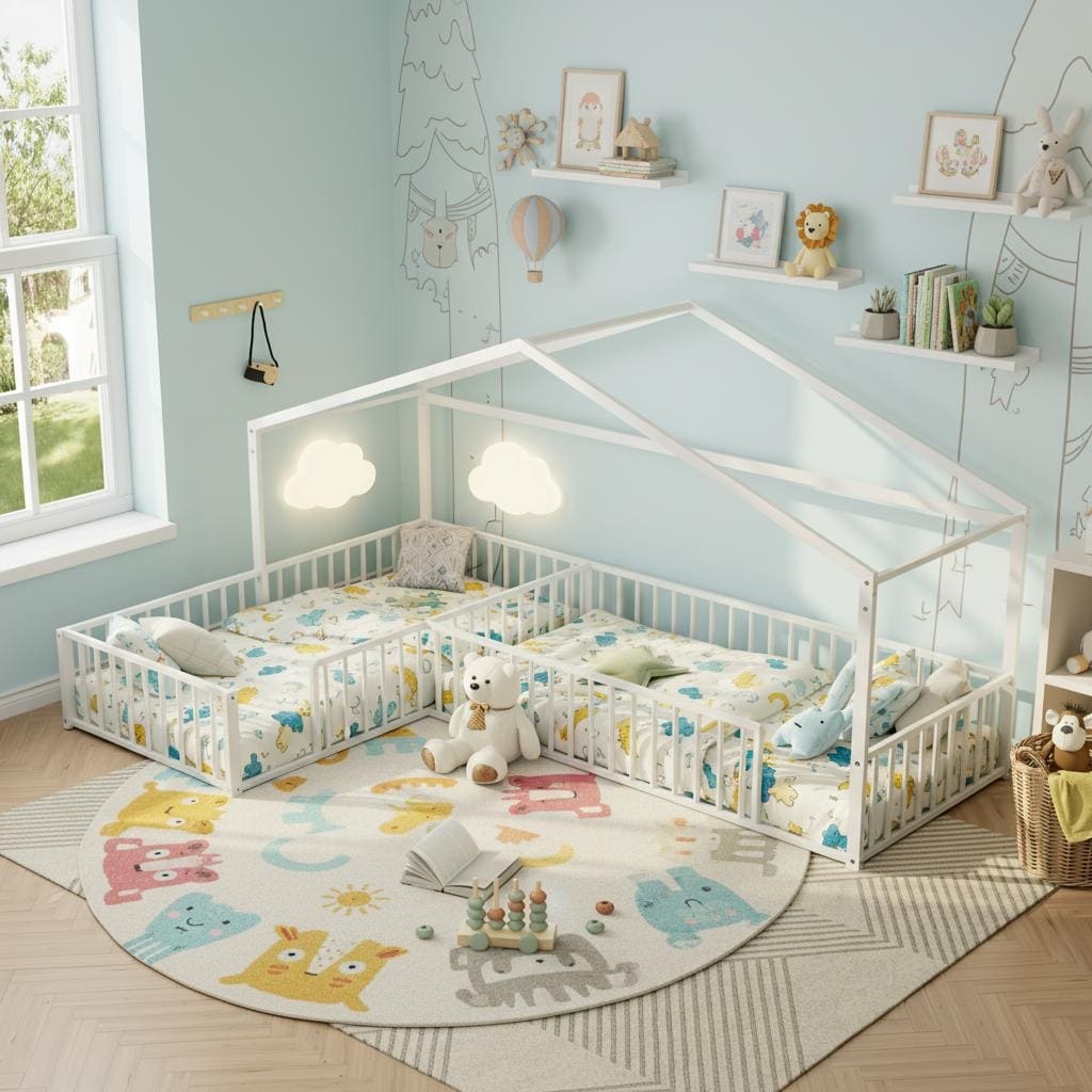 Double Twin Size L-Shaped Montessori Metal House Bed by Harper&Bright Designs