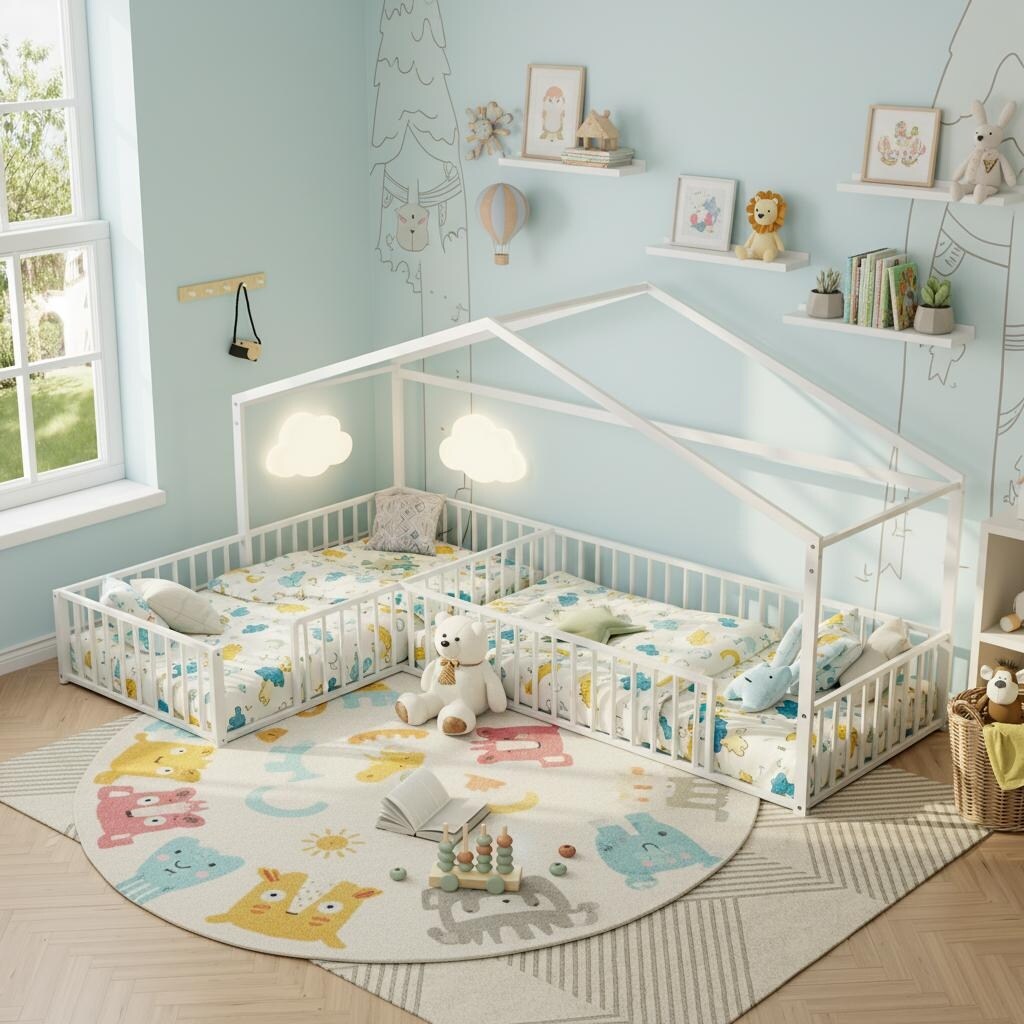 Double Twin Size L-Shaped Montessori Metal House Bed by