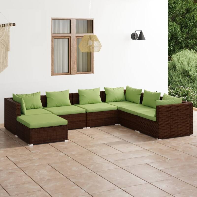 vidaXL 7 Piece Patio Lounge Set with Cushions Poly Rattan Brown - 27.6" x 27.6" x 24" - 27.6" x 27.6" x 24" - Brown/Green Footrest