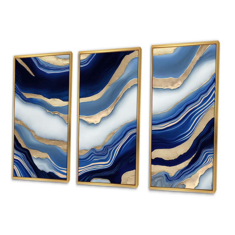 Designart "Vibrant Blue And Gold Flow Art III" Transitional Framed Canvas Art Print - 3 Panels