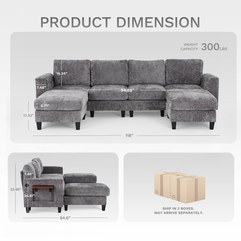 118" U-Shaped Modular Sectional with Storage Ottomans & Drop-Leaf Table - 4-Seat Plush Fabric Sofa for Large Living Rooms