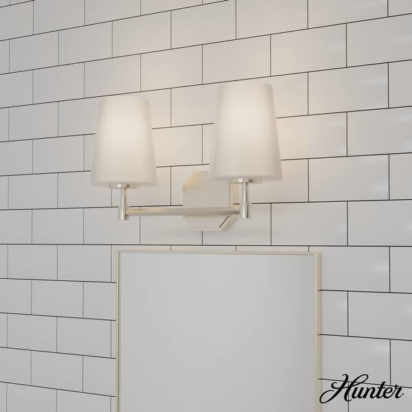 slide 2 of 10, Hunter Nolita Vanity Wall Light - Bathroom - Contemporary, Transitional - White Glass Shades - Damp Rated! 16" 2 Light - Brushed Nickel