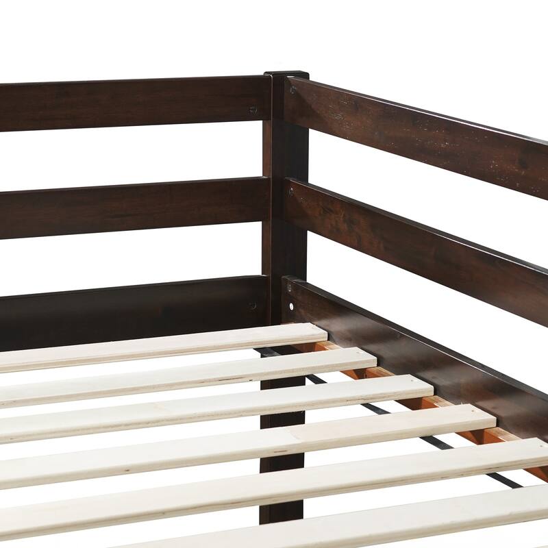 Wooden Twin over Twin Floor Bunk Bed with Ladder ,Upper and Bottom Bed Platforms
