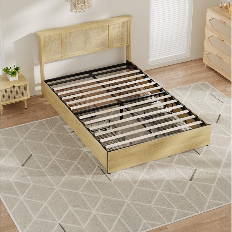 Full Bed Frame with Natural Rattan Headboard, 4 Storage Drawers, Slats, Bohemian-Style Cane Mattress Support