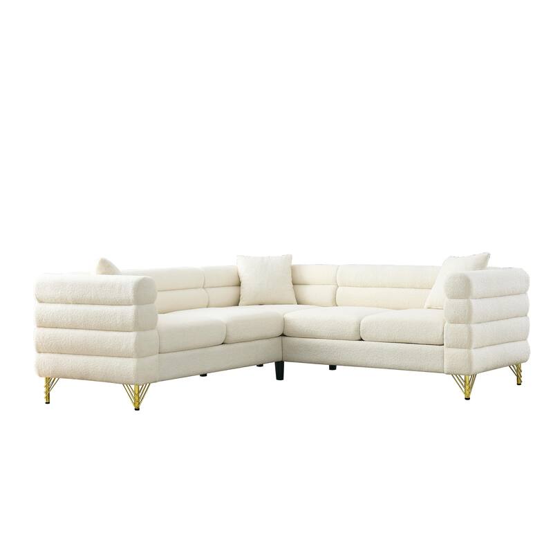 Modern Corner Sofa with Teddy Fabric and Metal Legs, 3-Seater with 3 Pillows