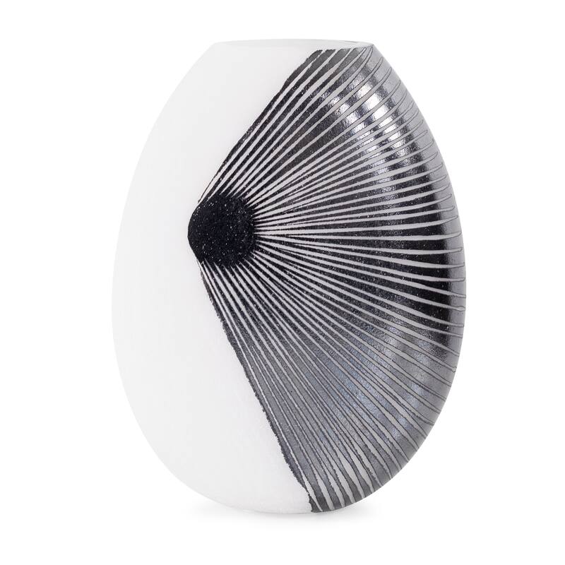 Allan Andrews Contemporary Glossy White Blown Glass Vase with Black Rays