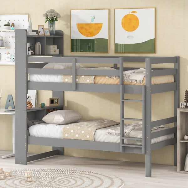 slide 2 of 9, Gray Solid Wood Detachable Bunk Beds with Bookcase Headboard, Safety Rail, Ladder, Convertible