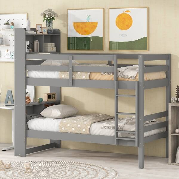 slide 2 of 9, Gray Twin Size Solid Wood Detachable Bunk Beds with Bookcase Headboard, Safety Rail, Ladder, Converts to 2 Beds Gray