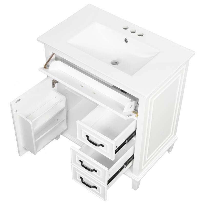 30 Inch Bathroom Vanity with Ceramic Sink Top, Flip Drawers, Freestanding Storage Cabinet (Faucet Not Included)