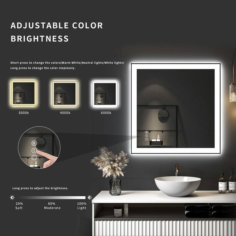 Square LED Light Anti-Fog Vanity Mirror with Backlit, Front Light - 36 in. W x 36 in. H