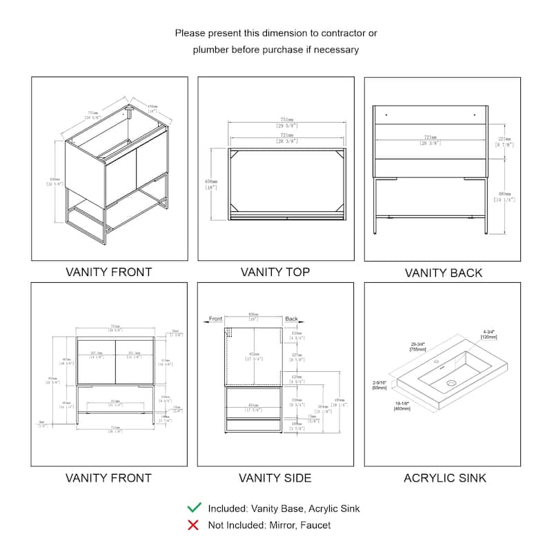 Freestanding Bathroom Vanity Set with Open Shelf & Acrylic Sink