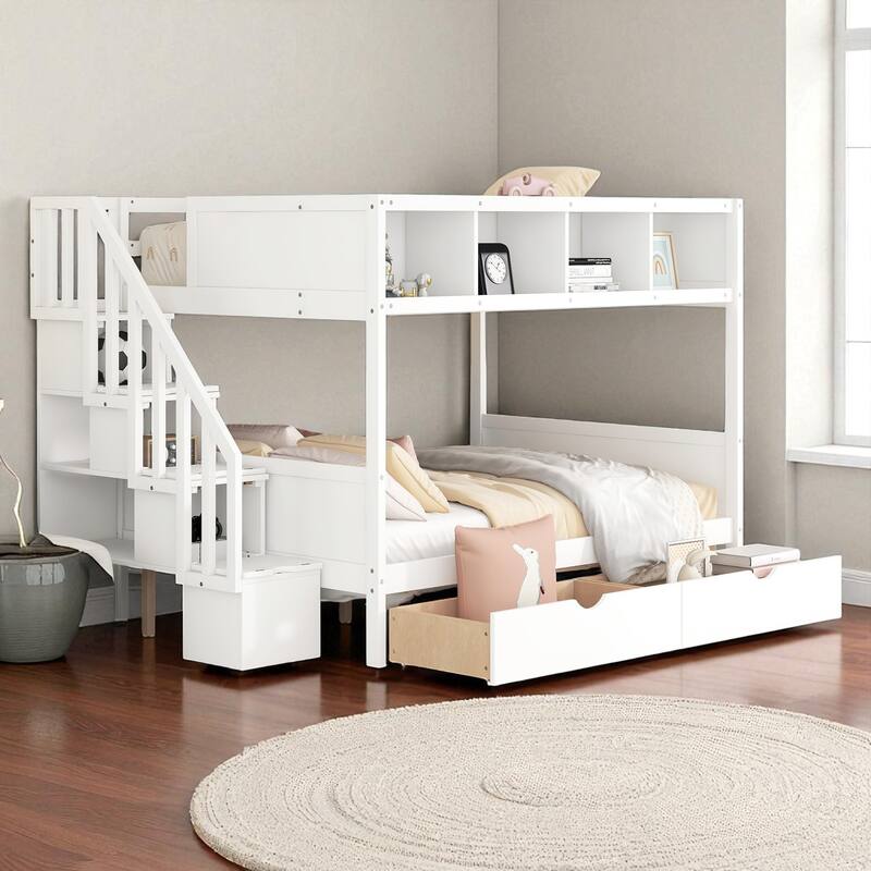 Twin Over Full Bunk Bed with Storage Staircase, Shelves and 2 Drawers, Solid Wood Frame for Kids