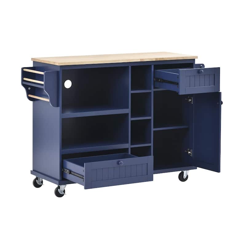 Rubberwood Kitchen Cart with Microwave Storage Rack, Exterior Shelves, and Two Drawers