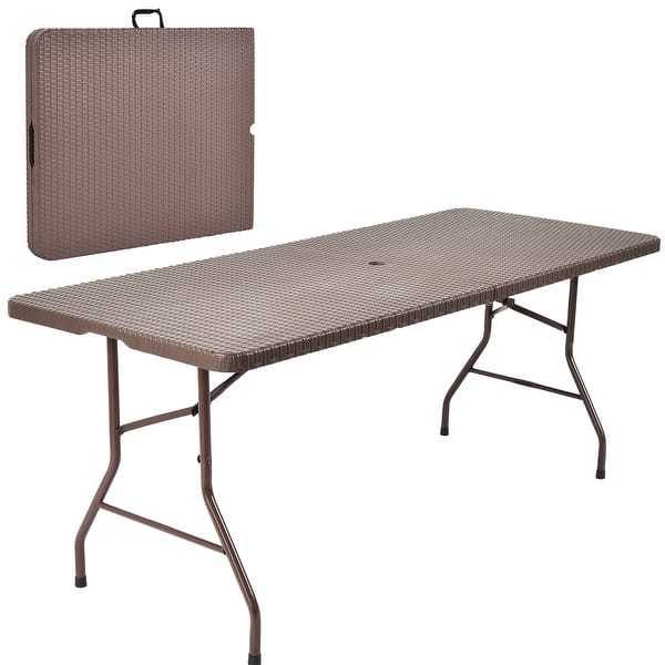 slide 7 of 6, Indoor Outdoor Folding Table Portable Rattan Table with Handle Brown