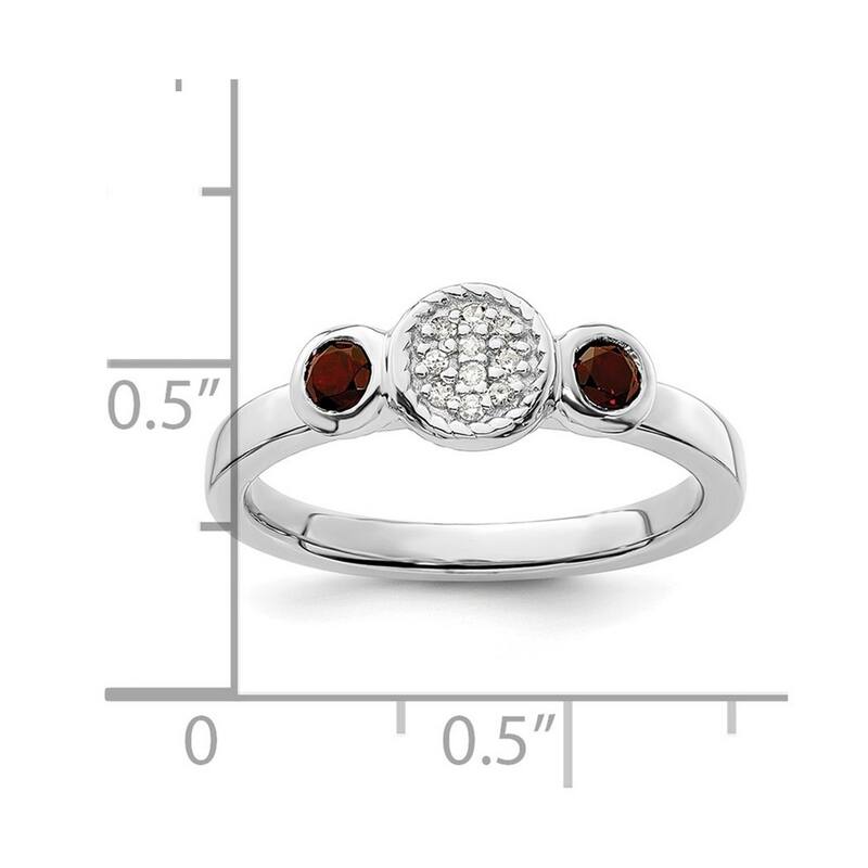 Curata 925 Sterling Silver Bezel Polished Prong set Stackable Expressions Db Round Garnet and Dia. Ring