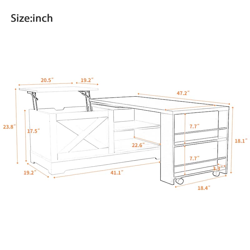 Farmhouse Lift Top Coffee Table with Barn Doors, Rotating Wood Center Table with Hidden Storage and Open Shelves