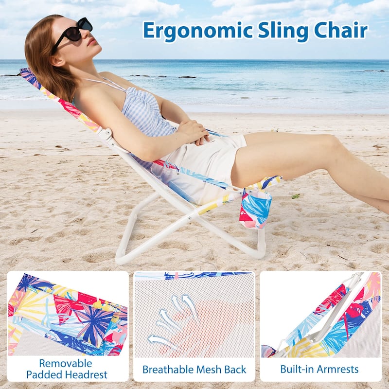 Costway Folding Low Beach Chair, Set of 2 with Padded Head Pillow,