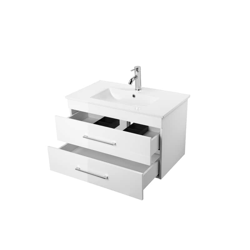 32-Inch White Gloss Wall-Mounted Bathroom Vanity with Double Drawers,Soft-Close System,Ceramic Sink,and Aluminium frame