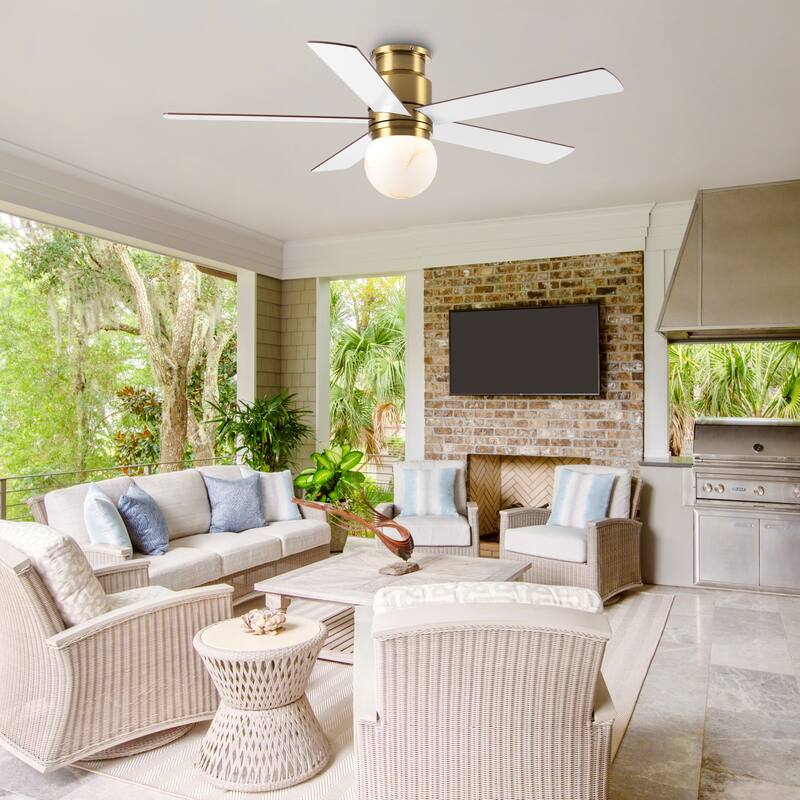 52" Modern Plating Gold Globe Glass Flush Mount Ceiling Fan with Light and Remote