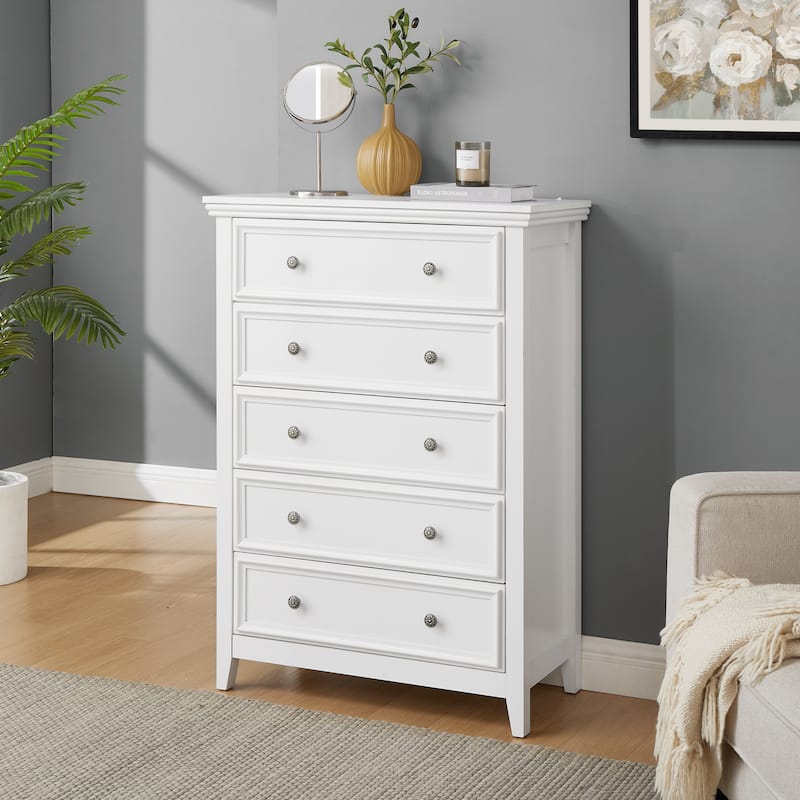 White Farmhouse 5-Drawer Dresser, Stylish Storage Cabinet Solution