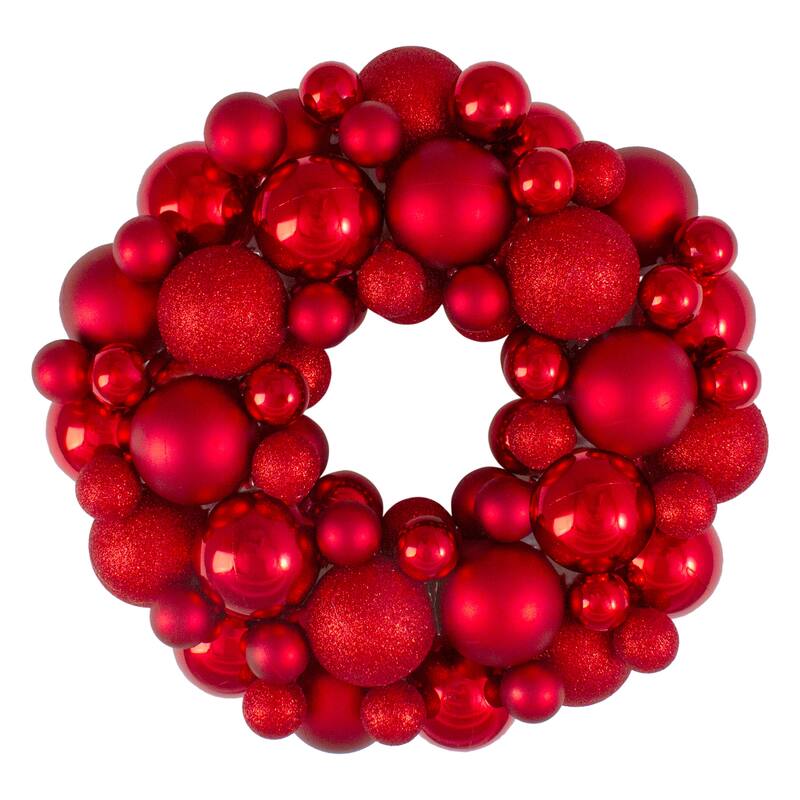 3-Finish Shatterproof Ball Christmas Wreath - 13" - Red - Unlit