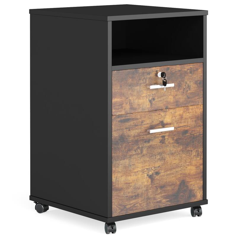Mobile File Cabinet with Lock, 2 Drawer Rolling Printer Stand with Open Shelf, Rustic Brown