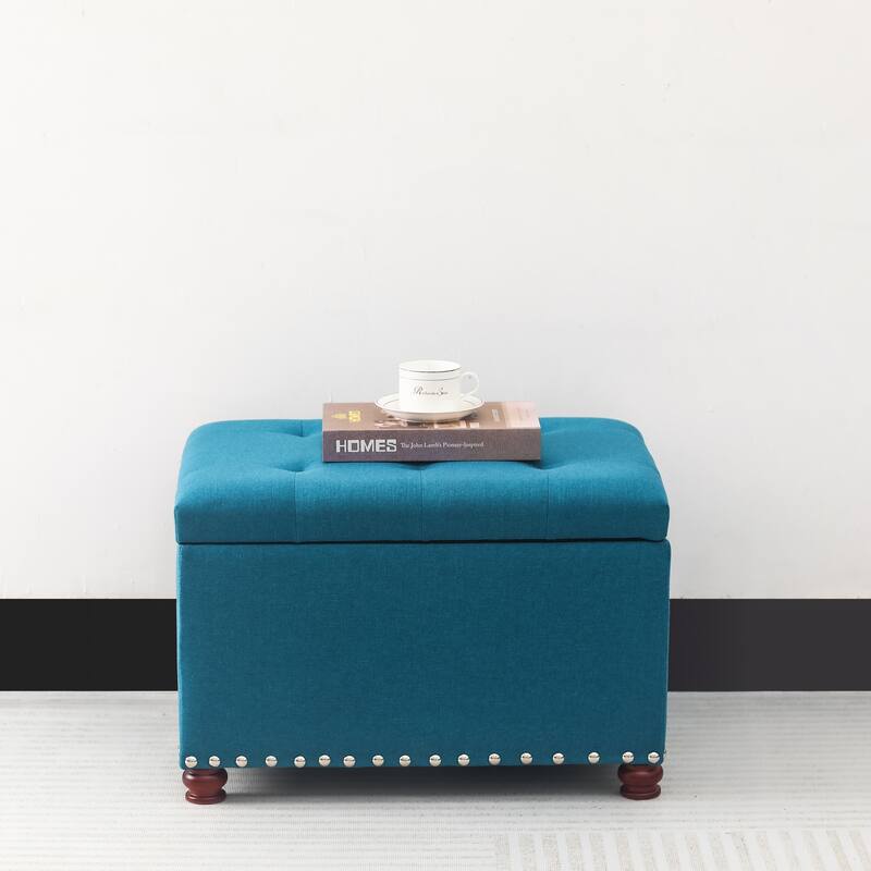Adeco Storage Ottoman Tufted Linen Wood Bench with Nails