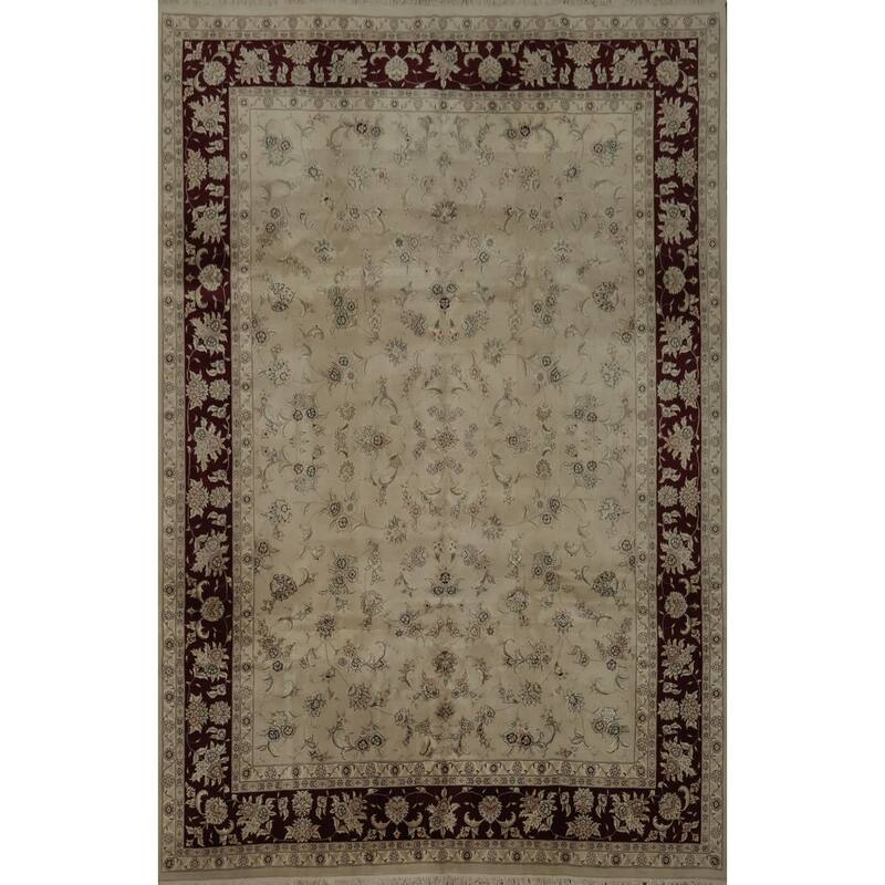 Hand Knotted Oriental 100% Wool Carpet Traditional Floral Beige & Ivories Tabriz Area Rug - 12' 2'' X 9' 2''