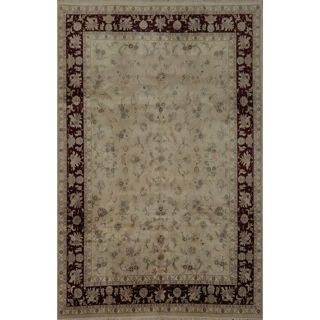 Hand Knotted Oriental 100% Wool Carpet Traditional Floral Beige & Ivories Tabriz Area Rug - 12' 2'' X 9' 2''
