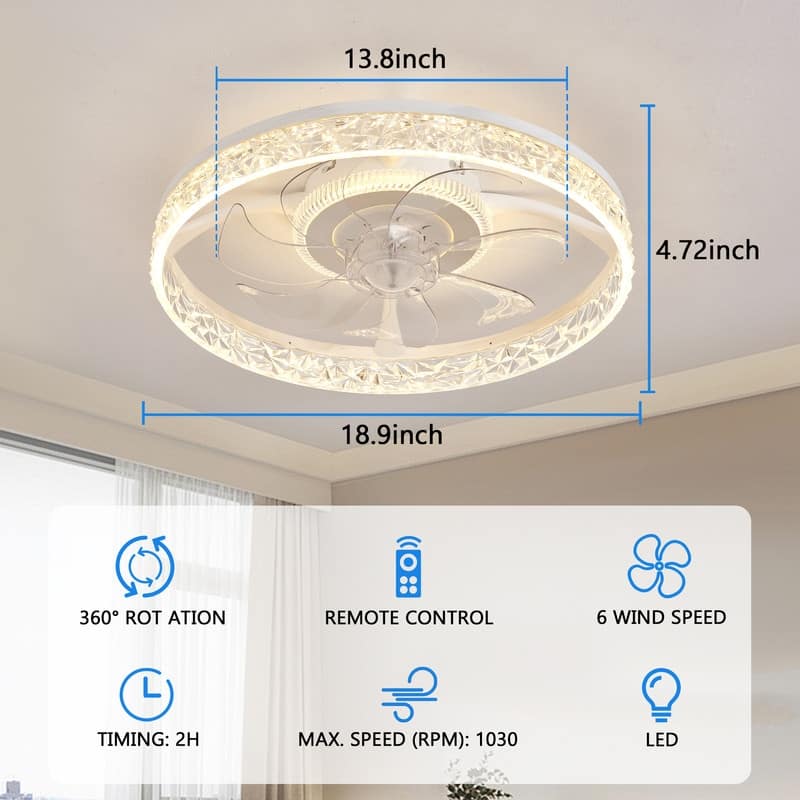 Modern Ceiling Fan Light, Remote, Dimmable LED, 6-Speed, Quiet, Flush Mount