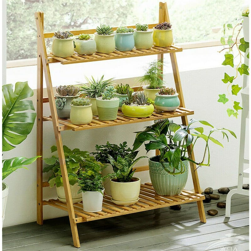 Bamboo Wooden 3-Tier Ladder Plant Stand Foldable
