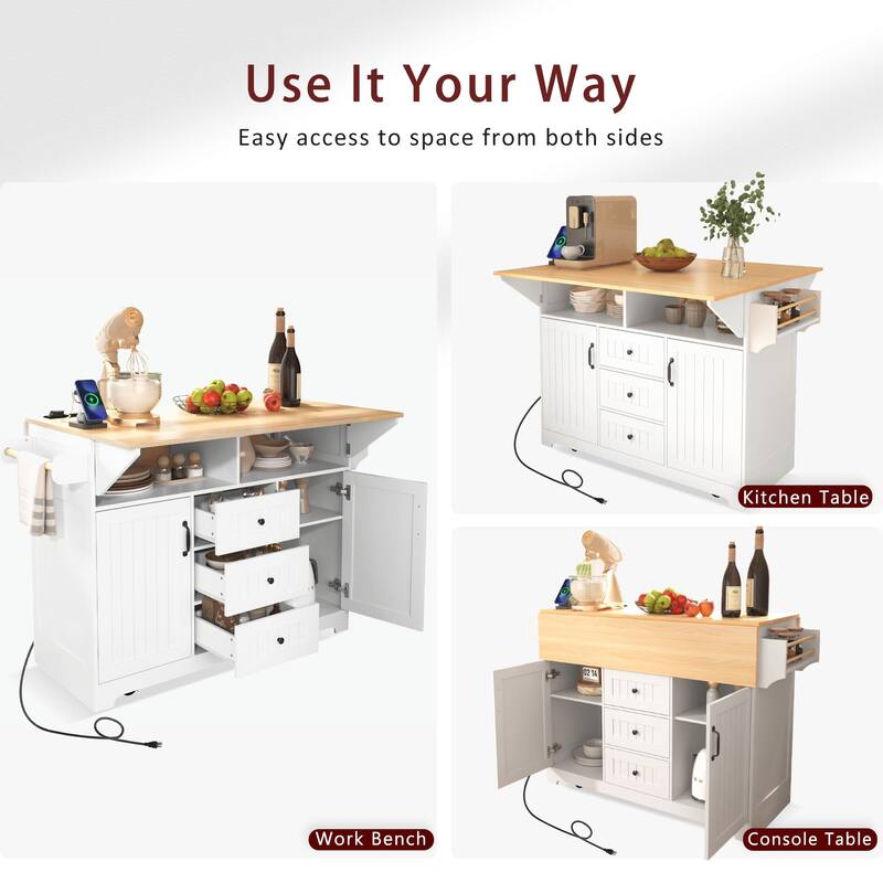 55.7" Kitchen Island with Drop Leaves, Rolling Cart with Power Outlet, Spice Rack, and 3 Drawers