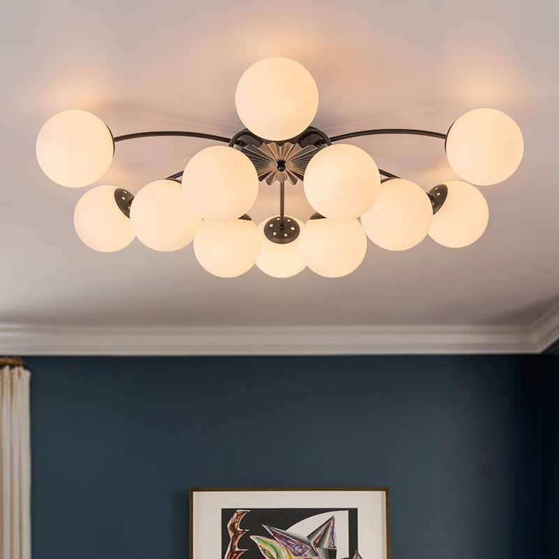 Mid-Century 12-Light Milky Glass Globe Sputnik Ceiling Light - 39in - Black - Semi Flush Mount
