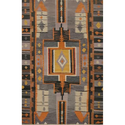 Hand Woven Oriental 100% Wool Carpet Southwestern Tribal Greys & Charcoal Kilim Area Rug - 10' 0'' X 7' 1''