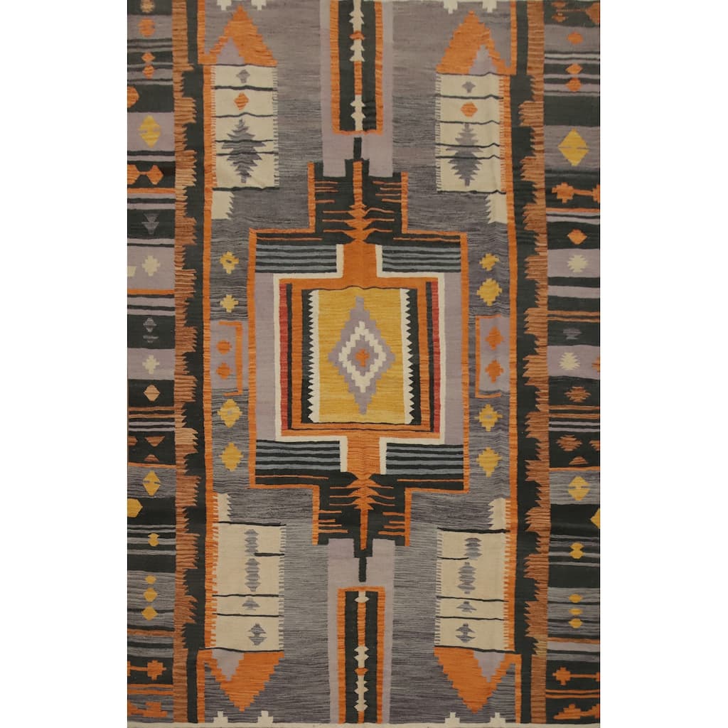 Hand Woven Oriental 100% Wool Carpet Southwestern Tribal Greys & Charcoal Kilim Area Rug - 10' 0'' X 7' 1''
