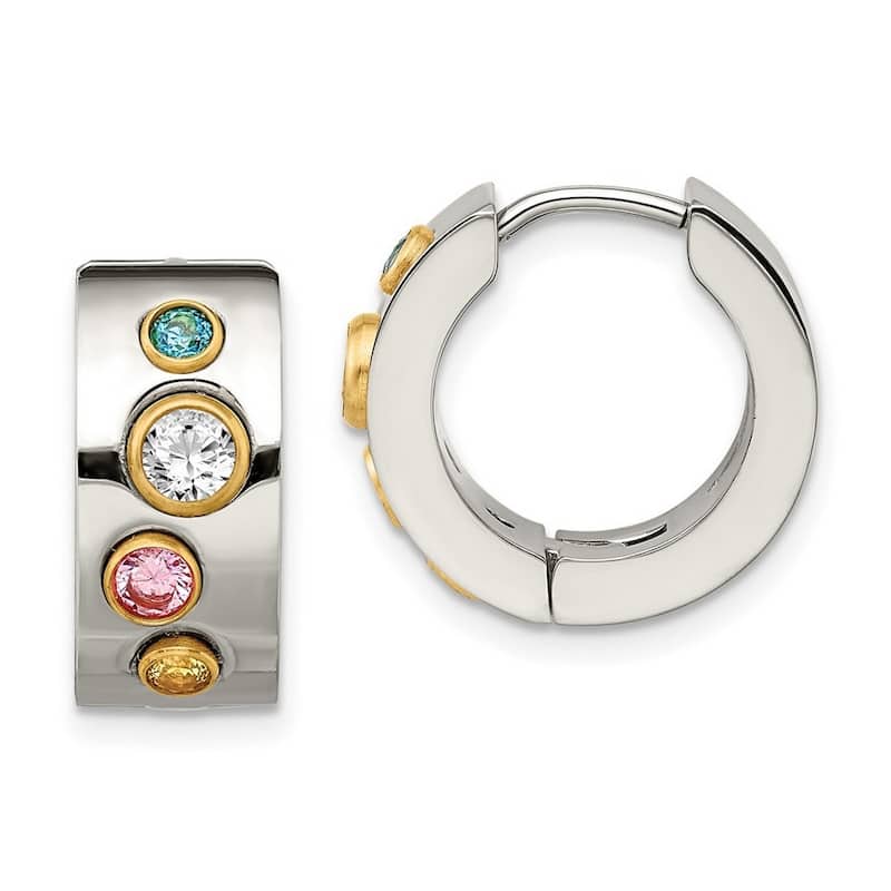 Curata Stainless Steel Polished Multicolor CZ Cubic Zirconia 7x10mm Hinged Hoop Earrings