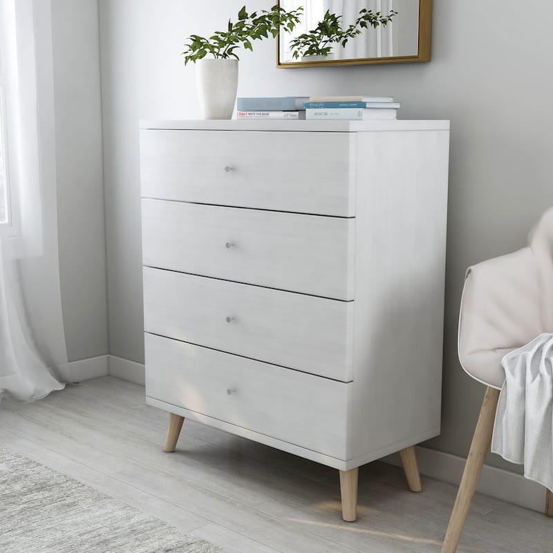 DH BASIC Mid-Century Modern White 4-Drawer Chest with Knobs by Denhour - White