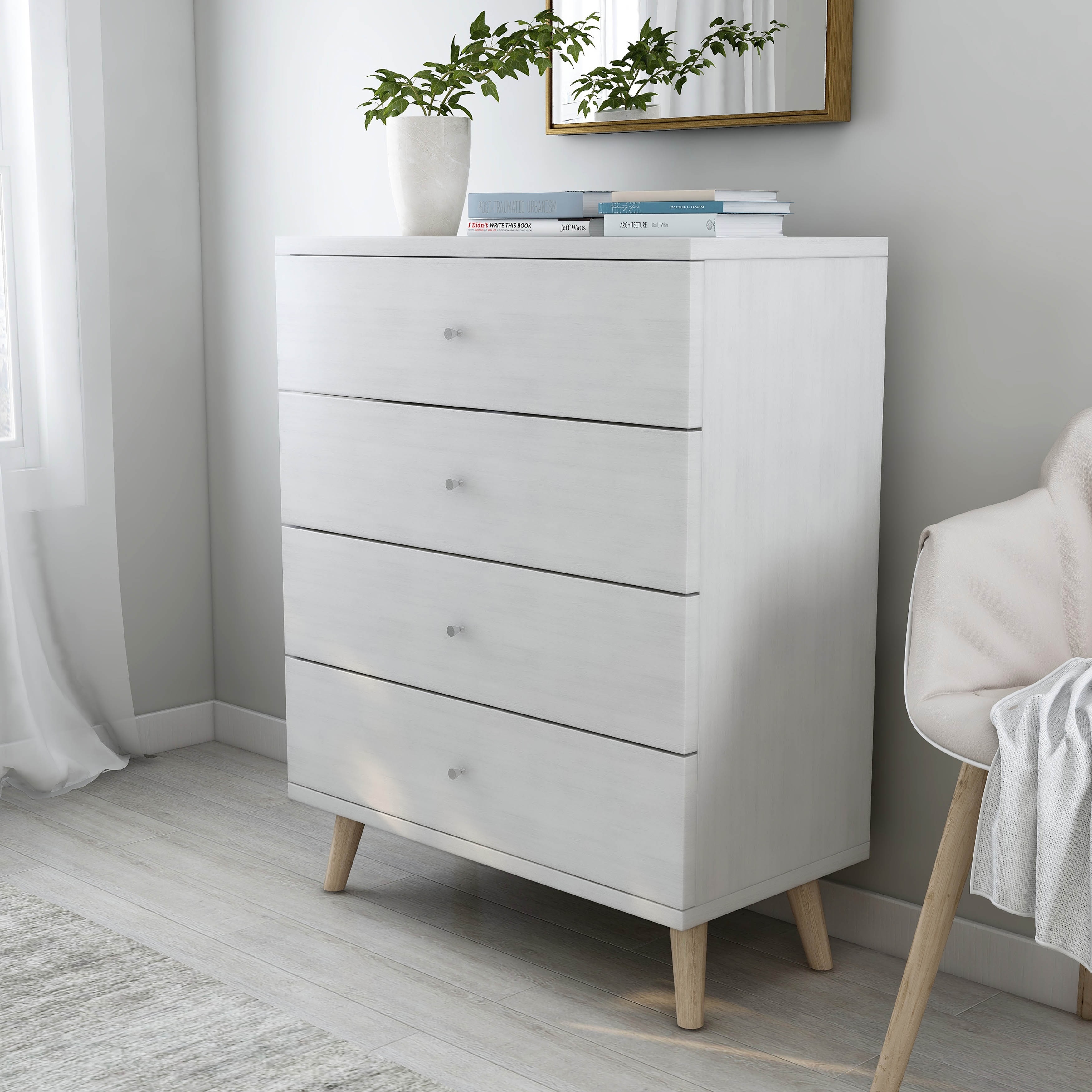 DH BASIC Mid-Century Modern White 4-Drawer Chest with Knobs