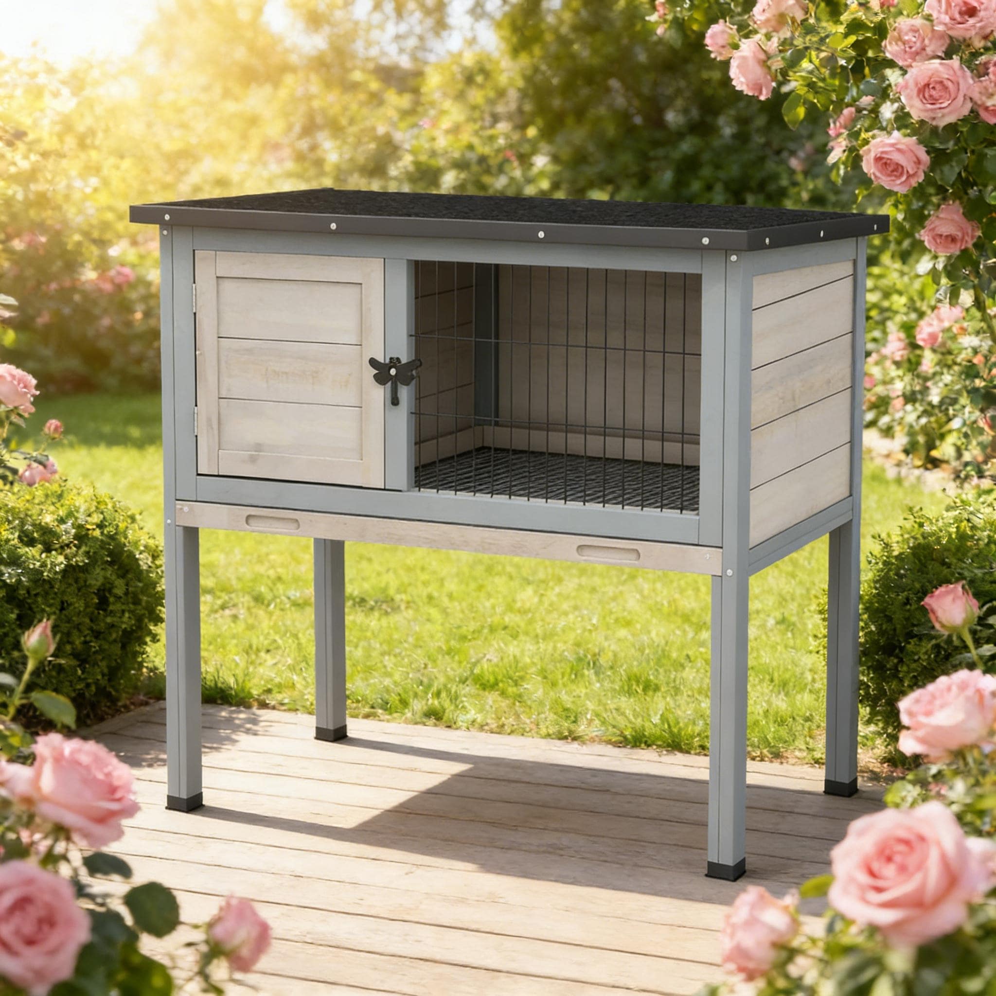 Small Animal Cage Rabbit Hutch,Elevated Rabbit Hutch，is designed for convenient cleaning - Black+ Gray