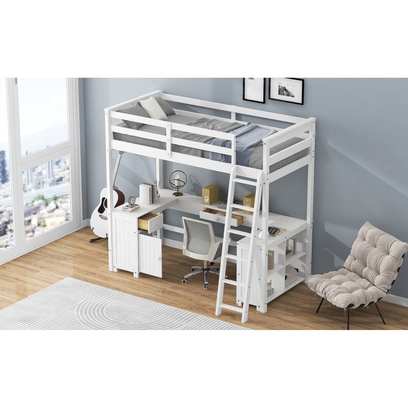Twin Size Loft Bed with U-shaped Desk, Drawers and Storage Shelves, No Box Spring Required, Easy to Assemble