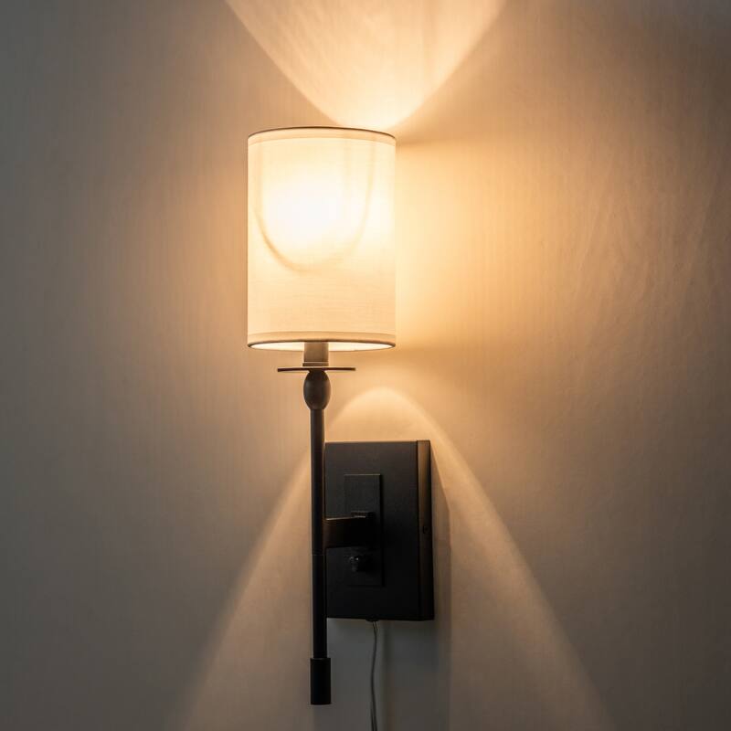 1-Light Matte Black Hardwired/Plug-in Dimmable Indoor Wall Sconce with Fabric Shade