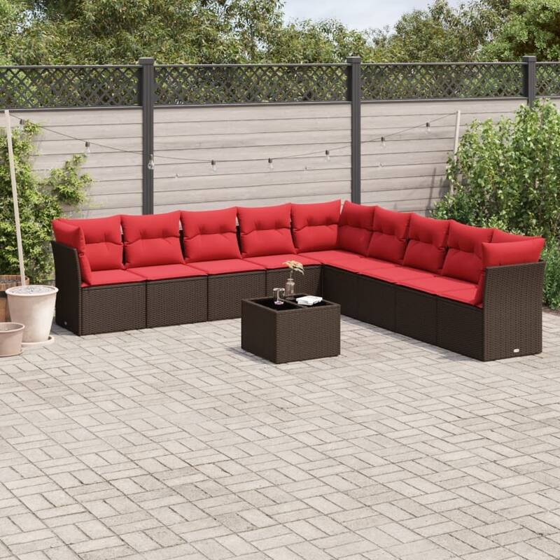 vidaXL 9/10 Piece Patio Sofa Set with Cushions Black/Brown/Gray Poly Rattan - 21.7 x 24.4 x 27.2