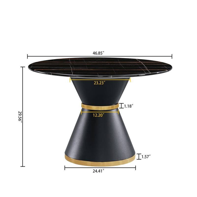 Marble Printed MDF Round Dining Table, Black Columnar Base with Gold Annulus(Not Including Chairs)
