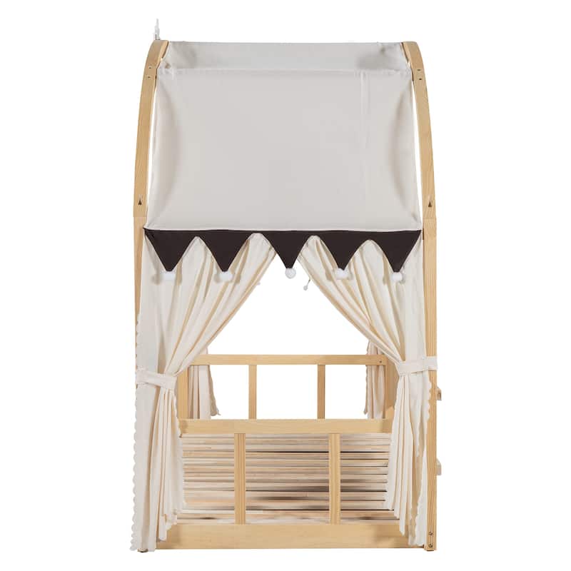 Wood Twin Size Bed Frame with Arched Roof, Floor Bed with Light and Curtain, Pull-out Kids Bed for Girls Boys Bedroom